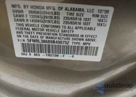 2009 Honda Odyssey Ex-L z USA, uszkodzony, nr VIN 5FNRL38689B400752